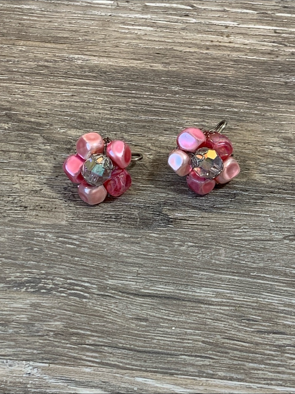 Vintage Pink Floral Cluster Earrings with Iridescent Centers